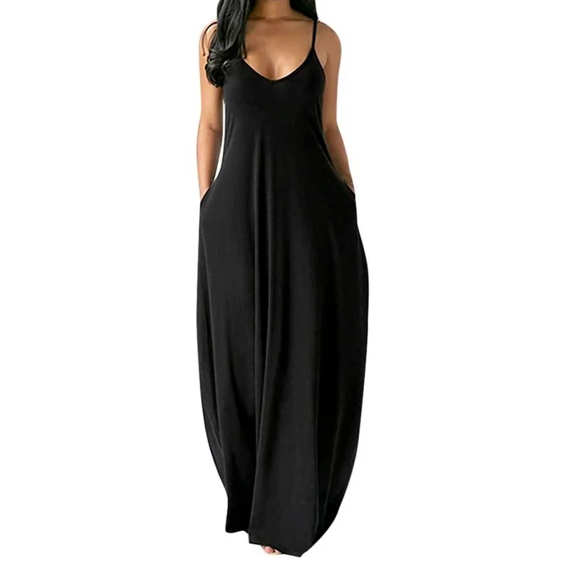 Women Pocket Long Dress Sexy V-Neck Sleeveless Loose Casual Dresses Summer Spaghetti Strap Solid Color Beach Maxi Dress S-5XL