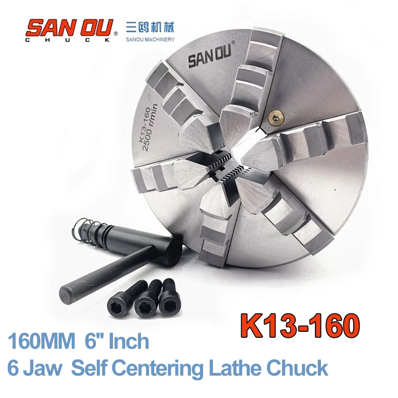 6 Jaw 160mm 6 inch Lathe Chuck Self Centering SANOU K13-160 Hardened Reversible Mounting Tool for Drilling Milling woodworking