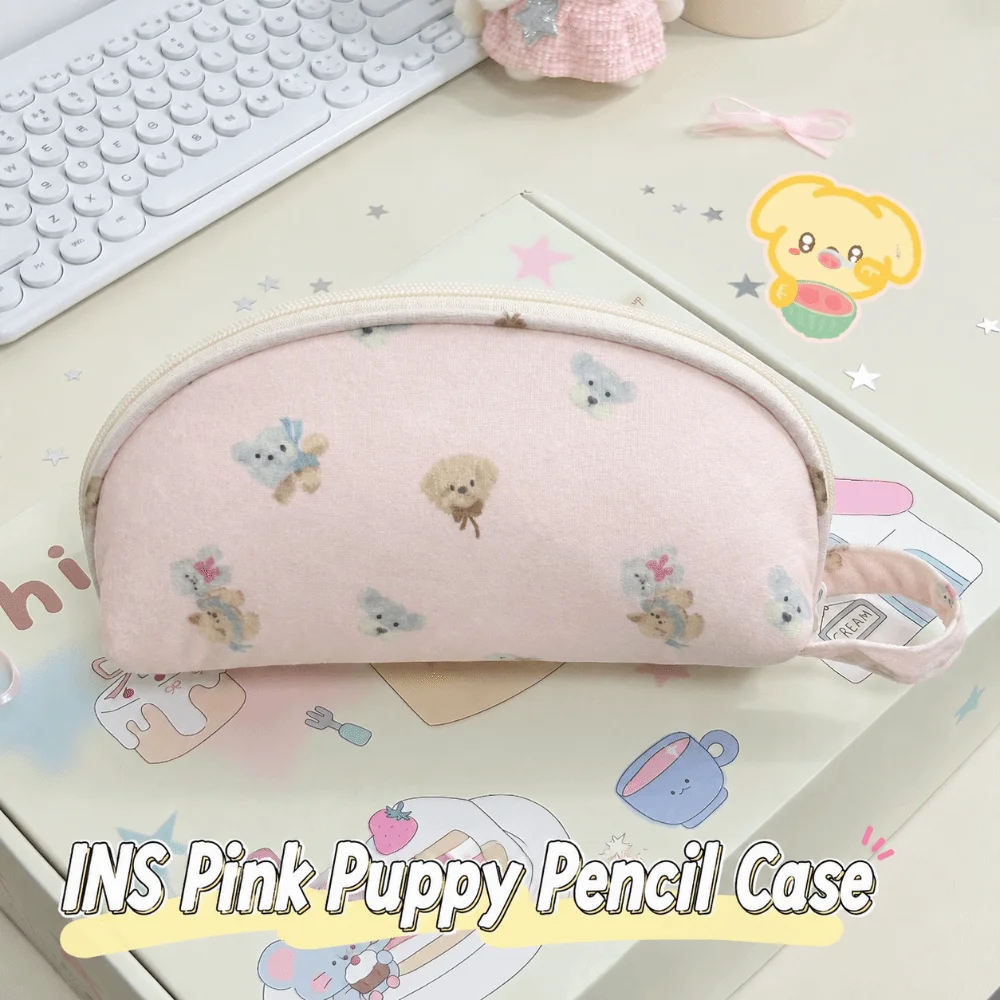 Cute Puppy Print Pencil Case With Handle Large Capacity Pen Bag Shell Shaped Multi Compartment Stationery Bag School Supplies