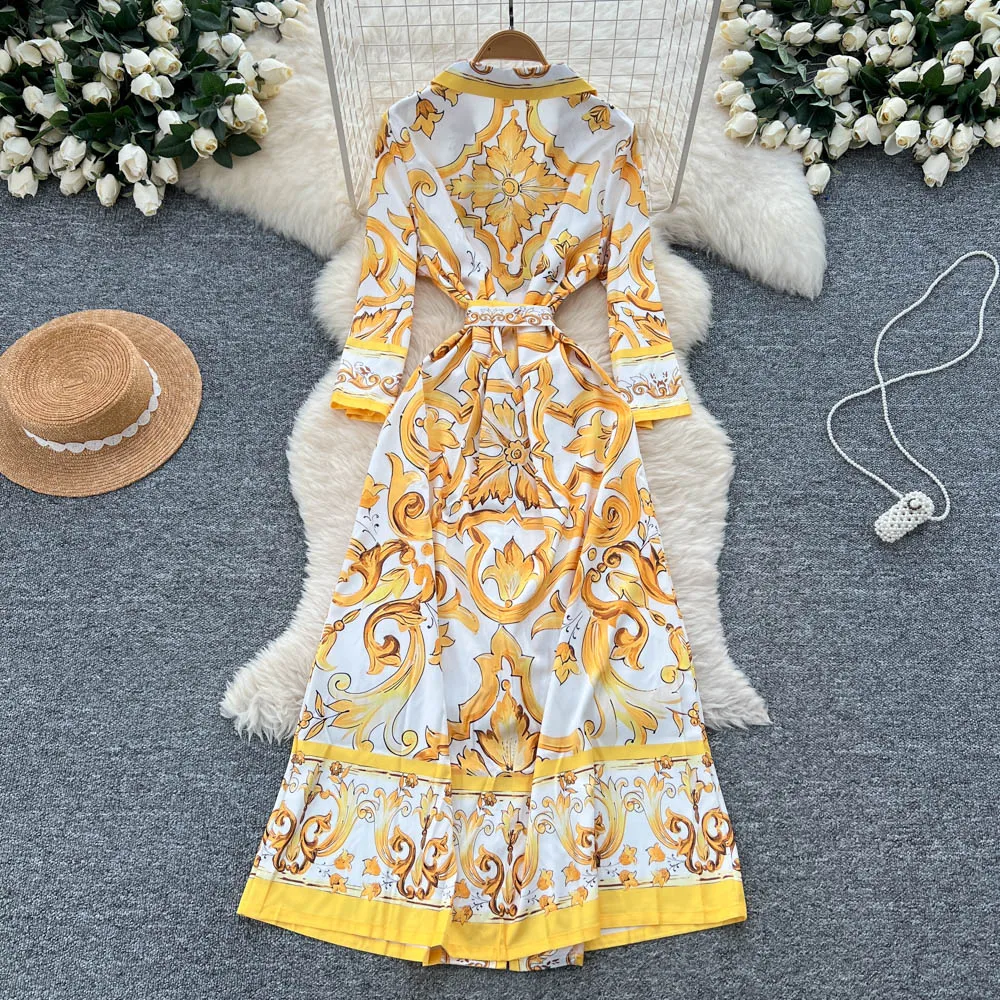ฤดูร้อนฤดูใบไม้ร่วงใหม่Palaceสไตล์Goldenพิมพ์ดอกไม้Midiชุดเสื้อผู้หญิงครึ่งแขนเดี่ยวBreastedยาวVestidos 2025