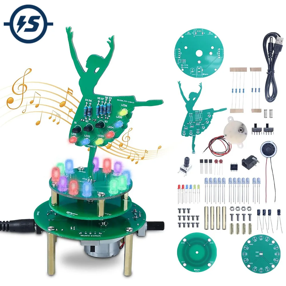 Soldering Practice Kit Ballerina Girl DIY Electronics Kit RGB LED Rotating Music Box Beginners Welding Learning for STEM Gift