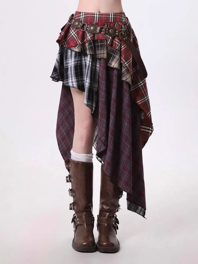 Retro Irregular Checkered Midi Skirt for Women, Sweet, Cool, Spicy, High Waisted, Slimming, Sporty Style Pleated Short Skirt