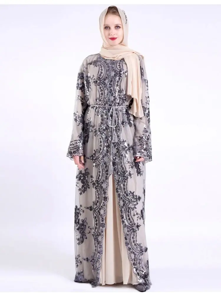 Ramadan Eid Gray Sequin Kimono Abaya Damen Dubai Luxury Islam Muslim Women Kebaya Kaftan Robe Musulmane Caftan Marocain Femme