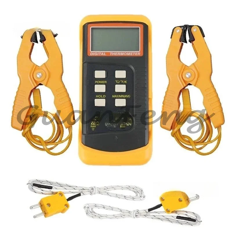 Digital K Type Thermocouple (-50-1300°C) Dual Channel, 2 Thermometer Pipe Clamp and 2 Sensor Probes