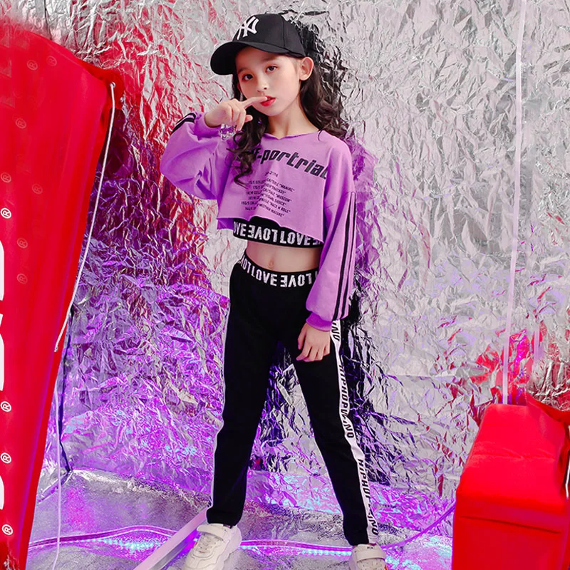 Purple Hoodies Pants Kids Hip Hop Dancing Clothes Ballroom Costumes Jazz Dancewear for Girls Stage Outfit Street Dance Wear