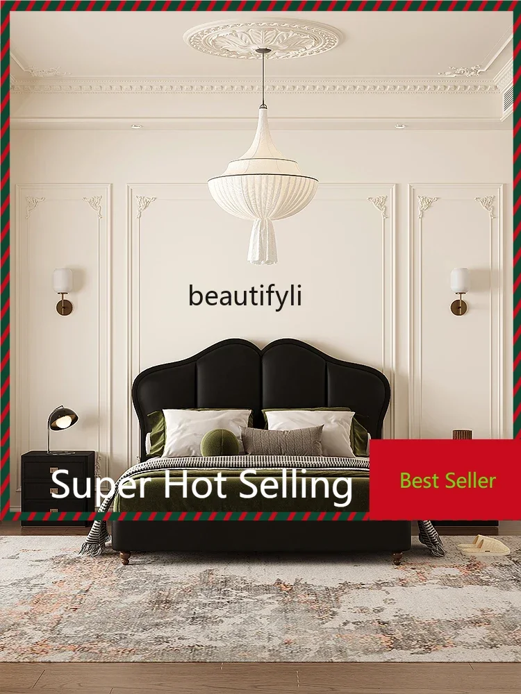 

A71 A44 American Retro Style Genuine Leather Bed Modern Minimalist Master Bedroom Double Bed Designer Black High Backrest Leathe