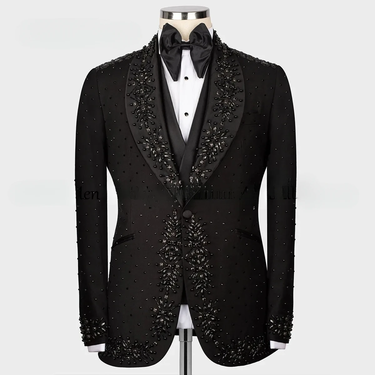 

Elegant Men 2 Pieces Sets Suits Beaded Crystals Single Breasted Groom Wedding Tuxedo Prom Customized Costume Homme