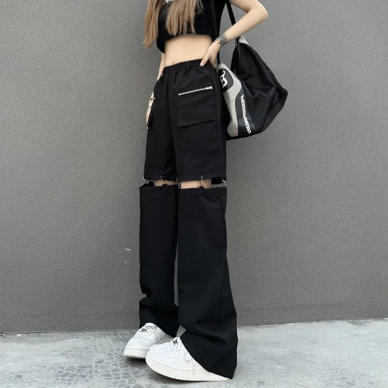 Trendy Hollow out Distressed Work Pants High Waist Casual Black Pants for Women Spring Summer Season Asymmetrical Design