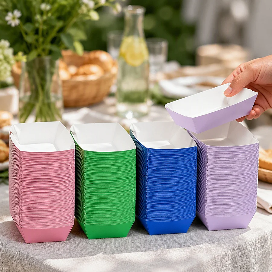 12/24Pcs Kraft Paper Food Trays 4 Colors Boat Shaped Party Serving Boats for Nachos Fries Popcorn Tacos Hot Dogs BBQ Wedding