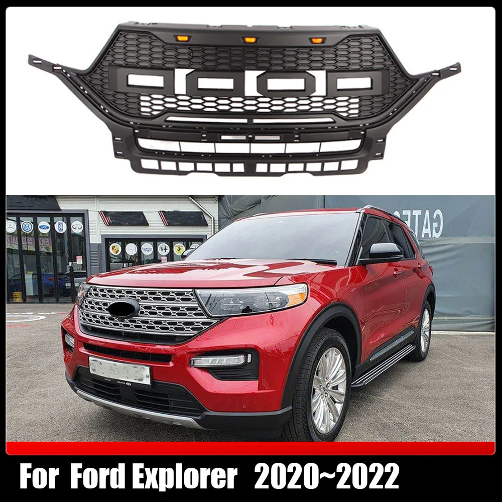 For Ford Explorer 2020~2022 Suv Auto Front Bumper Grille Grey Or Matte Black Hood Grill Car Upper Grill With LED Lights