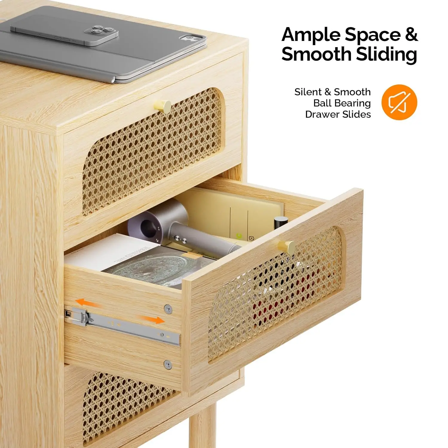 Rattan Nightstand Set of 2 with Charging Station & 3 Drawers, Customized