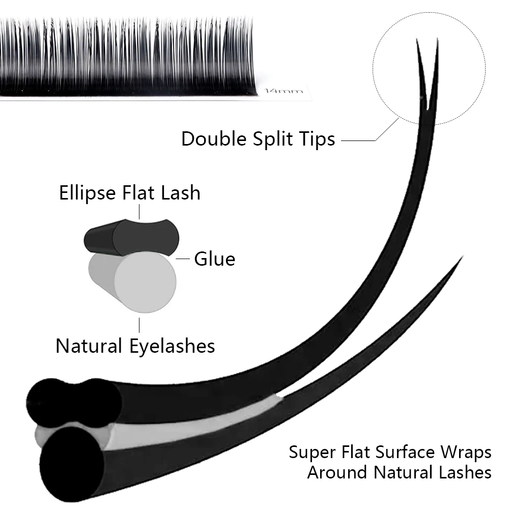 Befer Matte Ellipse Flat Lashes Extension Split-Tips Individual False Eyelash Mix8-15 Soft Ellipse Wires Professionals Supplies