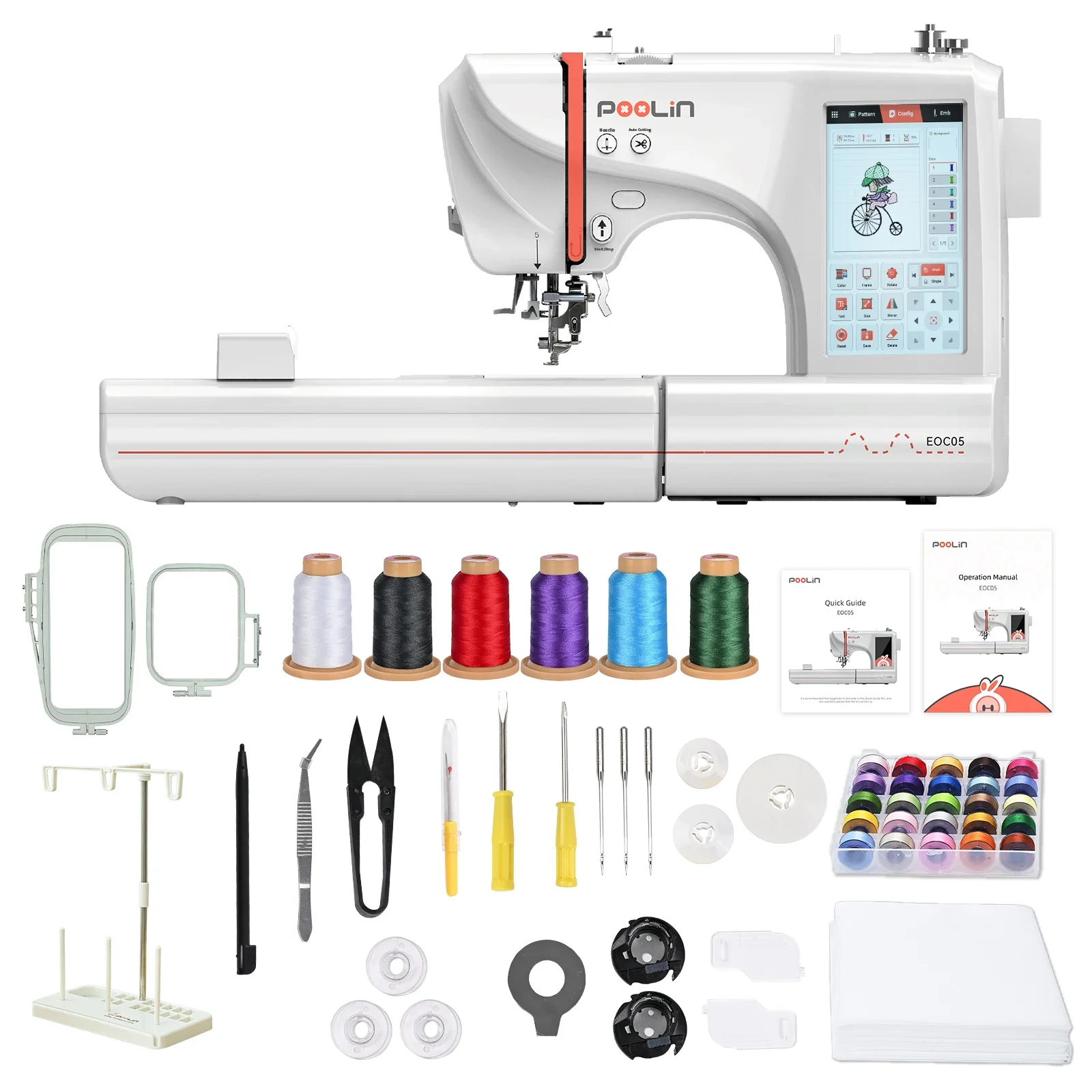 POOLIN EOC05 Household Computerized Embroidery and Sewing Machine 7 Inches Large LCD Touchscreen for Beginners