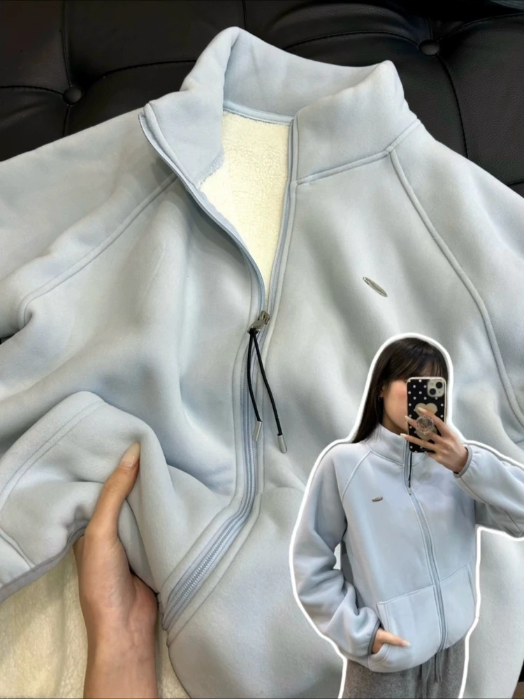 

Thiened Fce Women's Sweatirt Stand Collar Open Cardigan Loose Casual Sle Autumn Winter Warm Lightweight Color