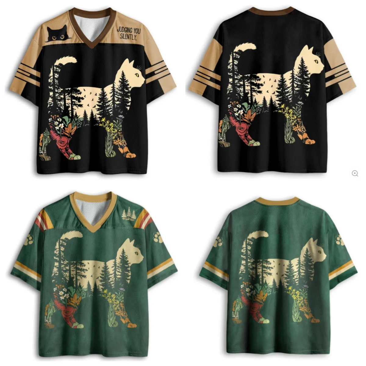 Adult and Children's Forest Floral Silhouette, 'Silently Watching You' V-neck 3D Printed Nature-style Cat Lover Outfit T-shirt