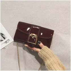 Fashion Popular Patent Leather Crossbody Bags Women Korean New Versatile Chains Mini Day Clutches Wine Red Casual Shoulder Bags