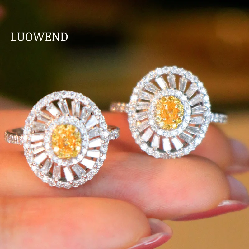

LUOWEND 100% 18K White Gold Earrings Elegant Style Real Natural Yellow Diamond Earrings&Ring for Women High Party Jewelry Set