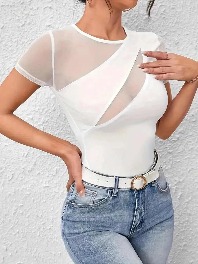 Mesh splicing short-sleeved tops sexy see-through women's T-shirt fashion simple temperament women's clothing