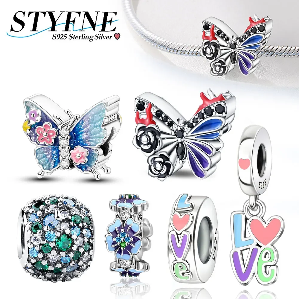Perlen-Nachtschmetterling, lila geheimnisvolle Blume, 925er Sterlingsilber, Charm-Armband, DIY-Schmuck, Accessoires, Geschenk