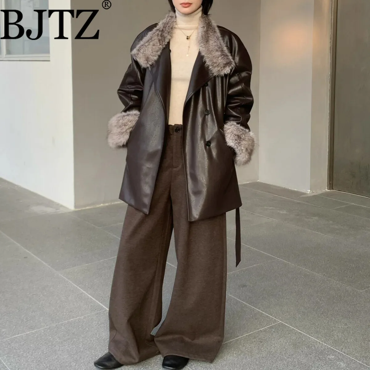 

BJTZ Женская куртка из искусственной кожи с большими меховыми лацканами и завязками на талии, осень-зима 2024, новое модное офисное женское пальто