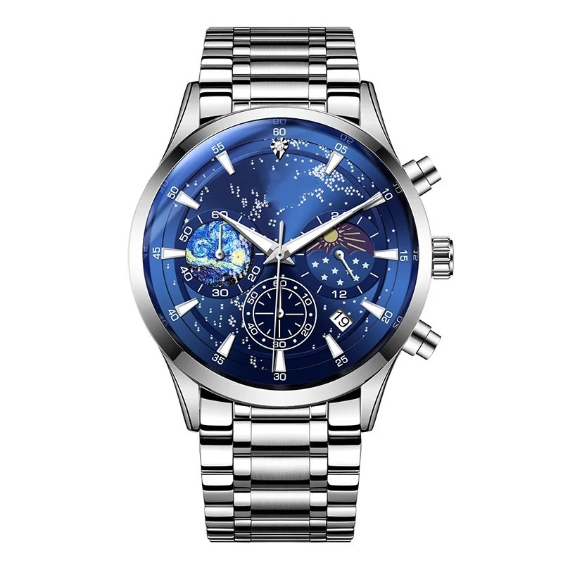 

RUIXINE Starry Sky Moon Phase Man Watch Chronograph Waterproof Auto Date Men Wristwatch Luxury Original Quartz Watch for Men