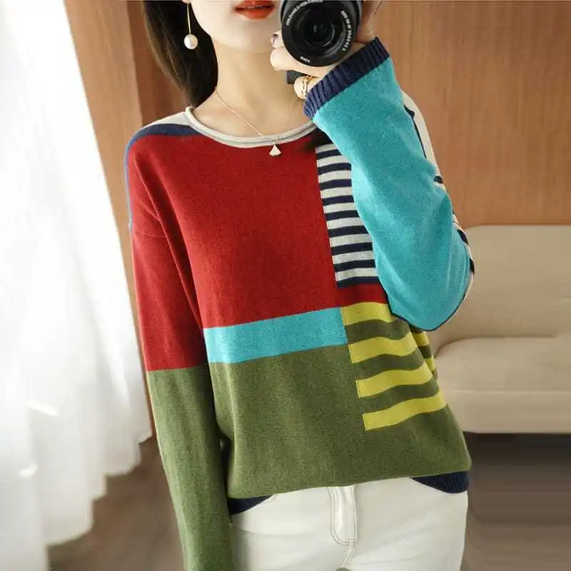 

Fashion Printed Spliced Striped Color Blouse Women's Clothing 2023 Autumn Winter New Casual Pullovers Loose Commute Shirt