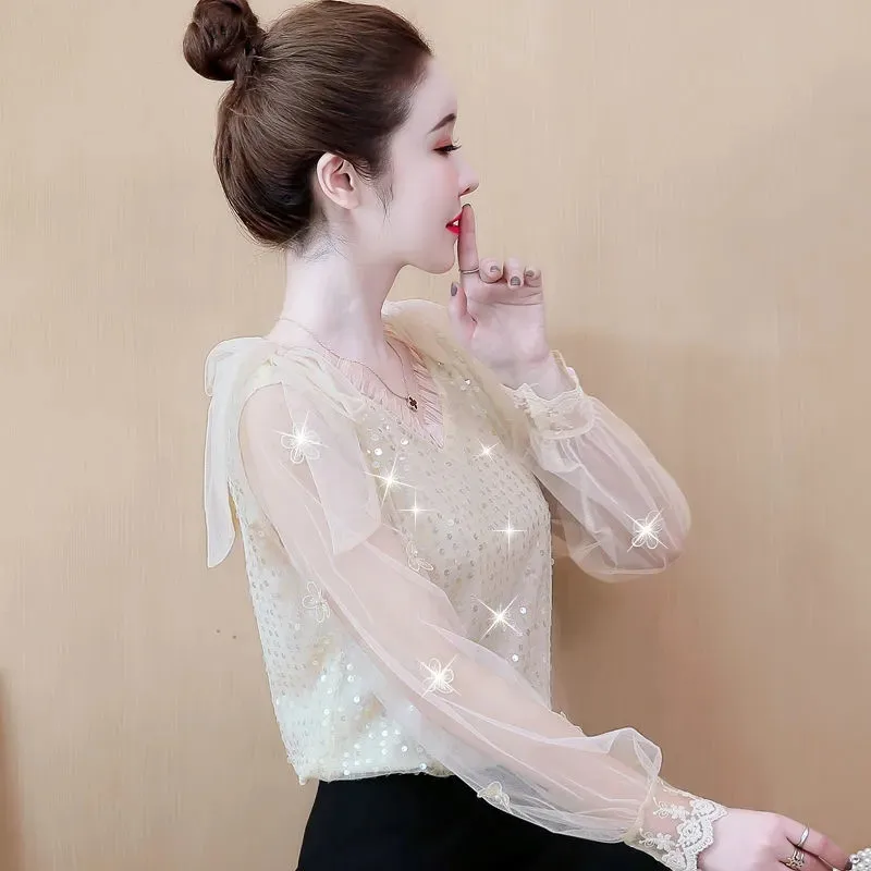 Paillette Mesh Fashion Summer Chiffon Shirt Women\'s 2023 New Trend Jacket Fashion Short-Sleeved Femininity Ladies Top