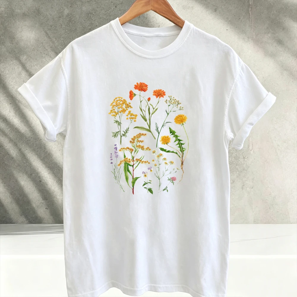 Vintage Watercolor Wildflower Botanical Graphic T‑Shirt Men Colorful Meadow Floral Art Print  Casual Crew Neck Short Sleeve Tops