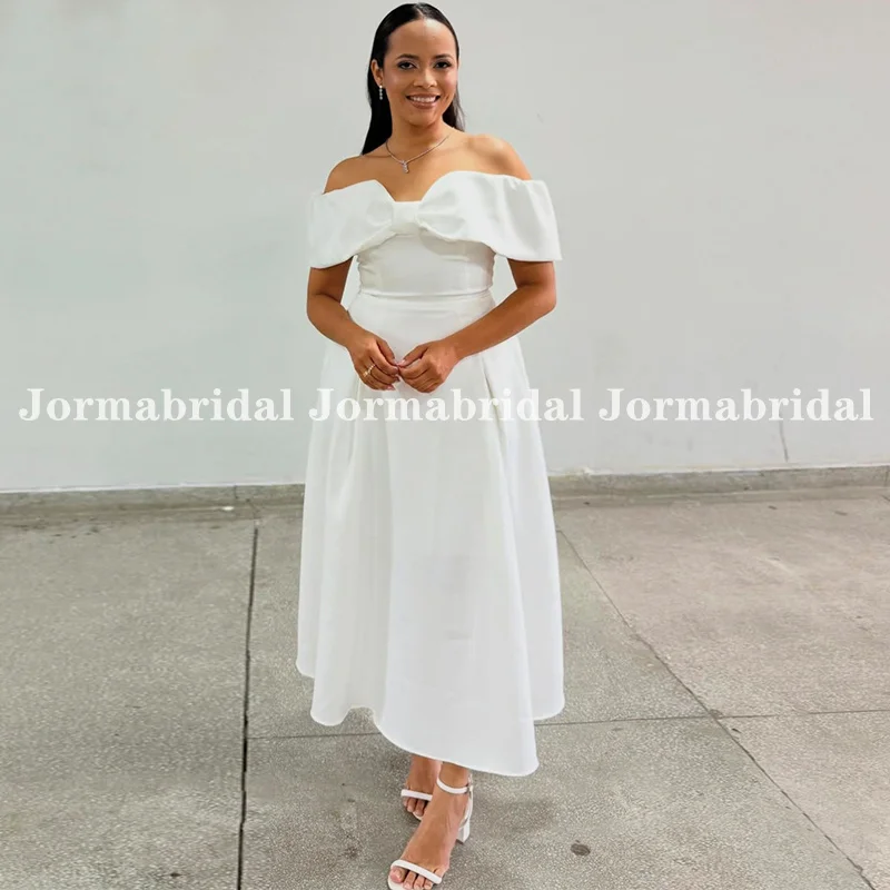 

Атласное свадебное платье трапециевидной формы до середины икры, женские короткие свадебные платья с открытыми плечами и бантом, платья для невесты после вечеринок