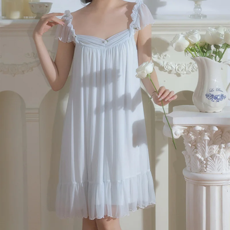 Women Girls Retro Small Rose Gauze Nightgown with Doll Collar Irregular Large Skirt Fairy Princess Sleepwear Dress