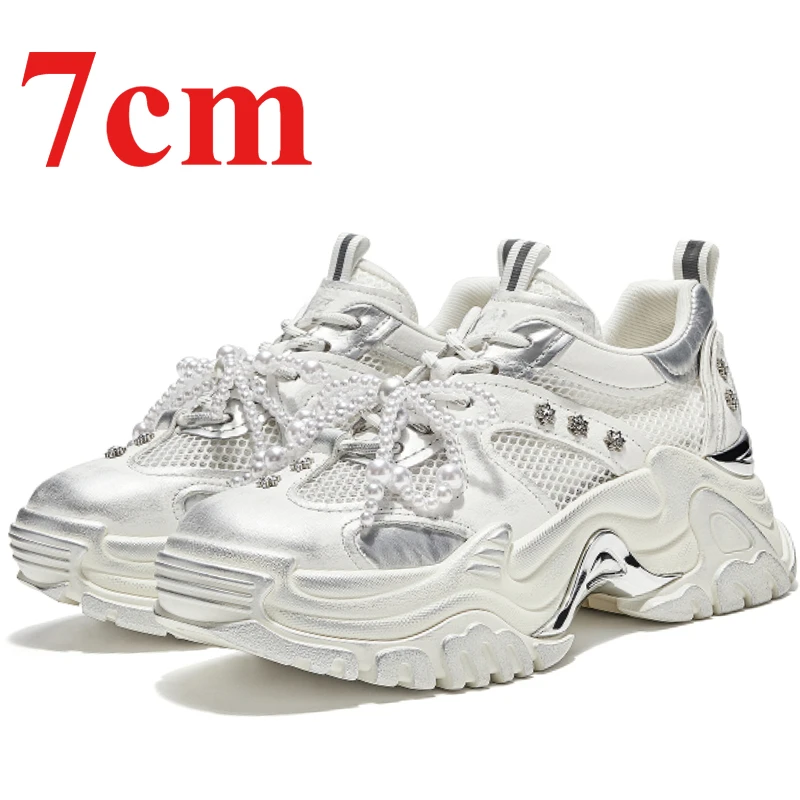 

Женская обувь, увеличивающая рост, обувь для папы из натуральной кожи, 7 см, сетчатая обувь с бусинами, удобные повседневные кроссовки на толстой платформе