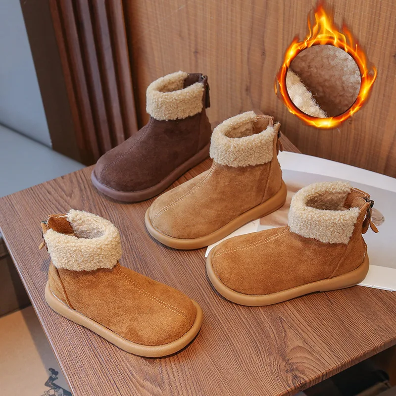 Children Snow Boots Size 26-37 Thick Warm Plush Boys Girls Two-cotton Ankle Booties Winter Matte Suede Soft Non-slip Kids Botas