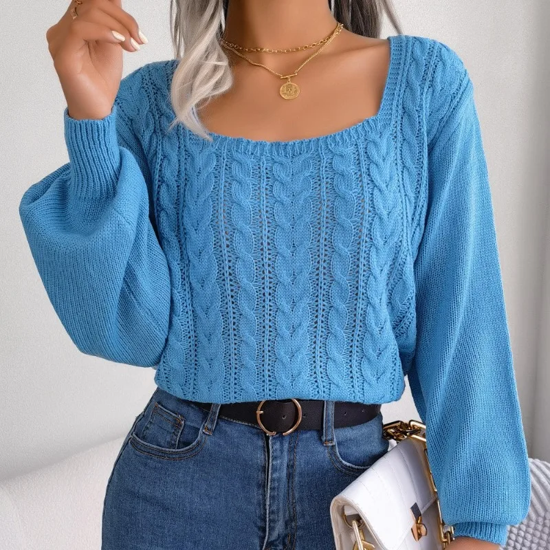 Autumn and Winter Women\'s Pullover Square Neck Screw Thread Lantern Sleeve Long Sleeve Sweater Knitted Underlay Casual Tops