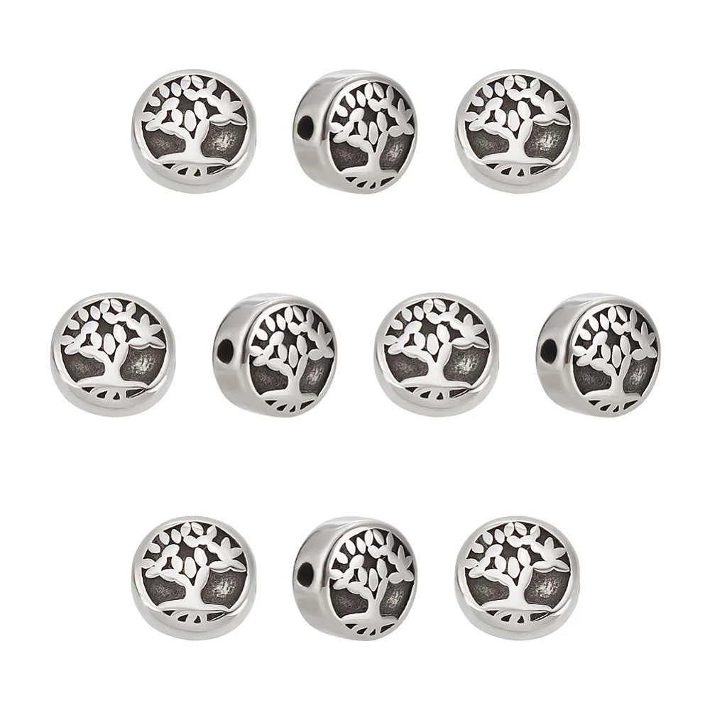 

304 Stainless Steel Beads Flat Round with Tree of Life Antique Silver 10x5.5mm Hole: 1.8mm 10pcs/box