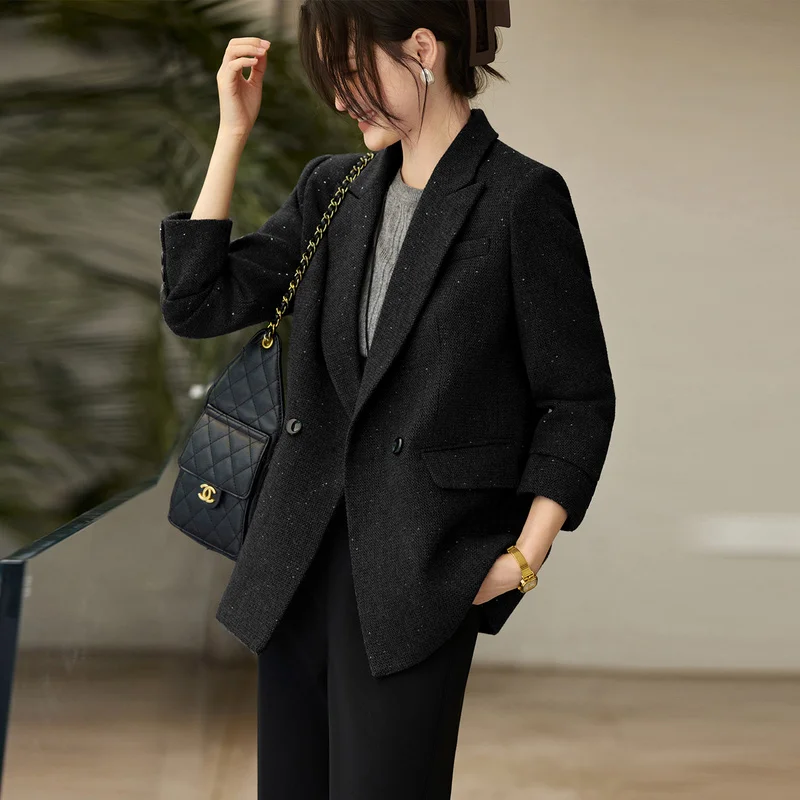 Women's High-Quality Dark Gray Wool Suit Loose-Fit Blazer Fashion Winter 2026