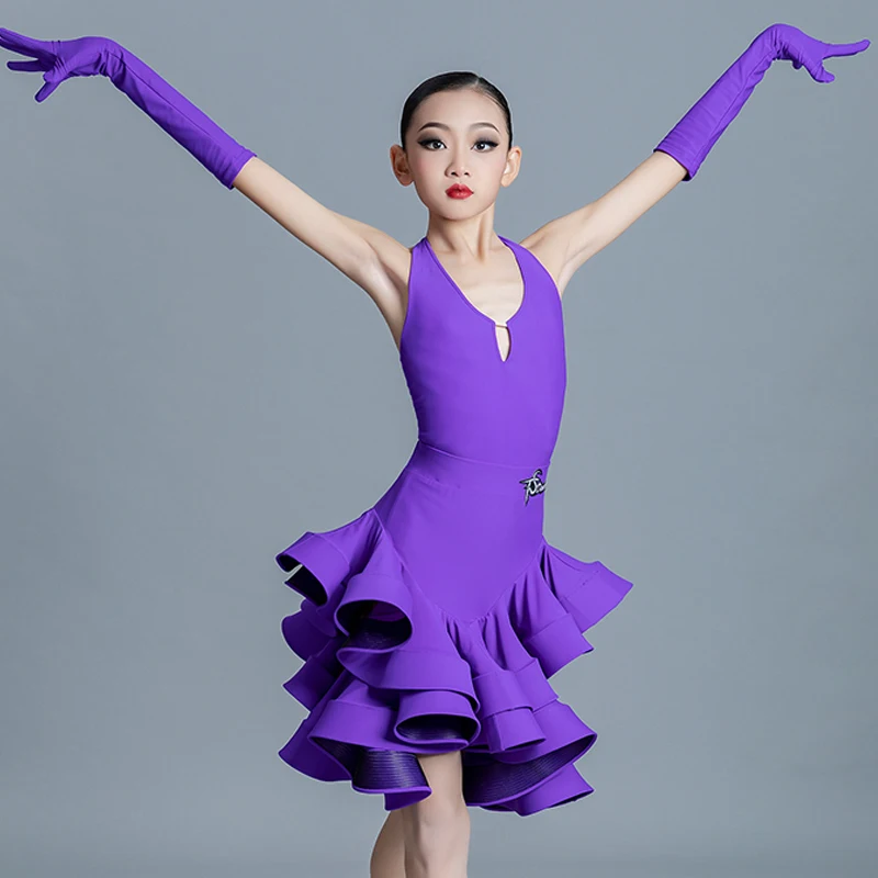 2024 Latin Dance Costume Girls Purple National Standard Latin Dance Professional Dress Child Chacha Ballroom Dance Wear SL7643