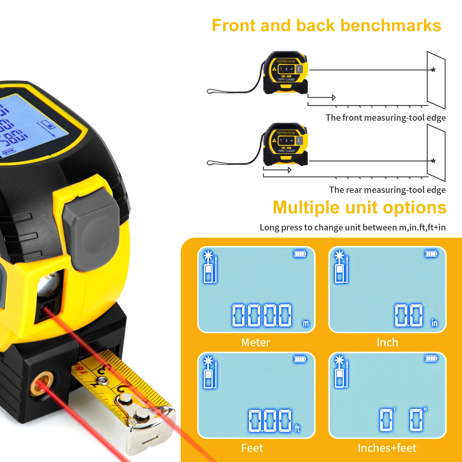 3 в 1 лазерный дальномер, лазерная рулетка с цифровым дисплеем, 40 м/60 м, прецизионная измерительная линейка 5 м, дальномер
