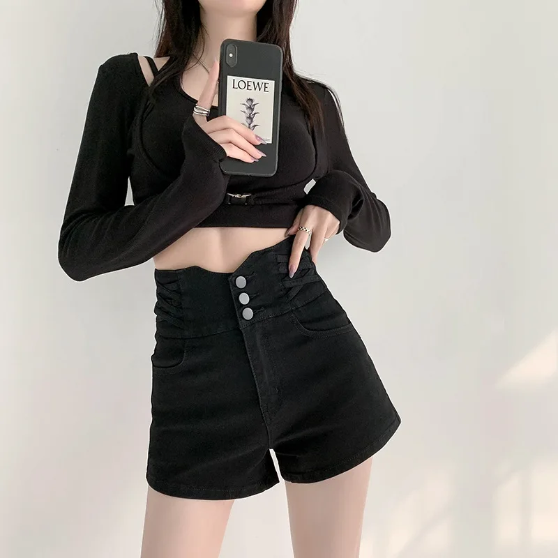 American Retro 2024 New High Waist Denim Shorts Women's Summer New A-Line Slim Hot Girl Design Hot Pants