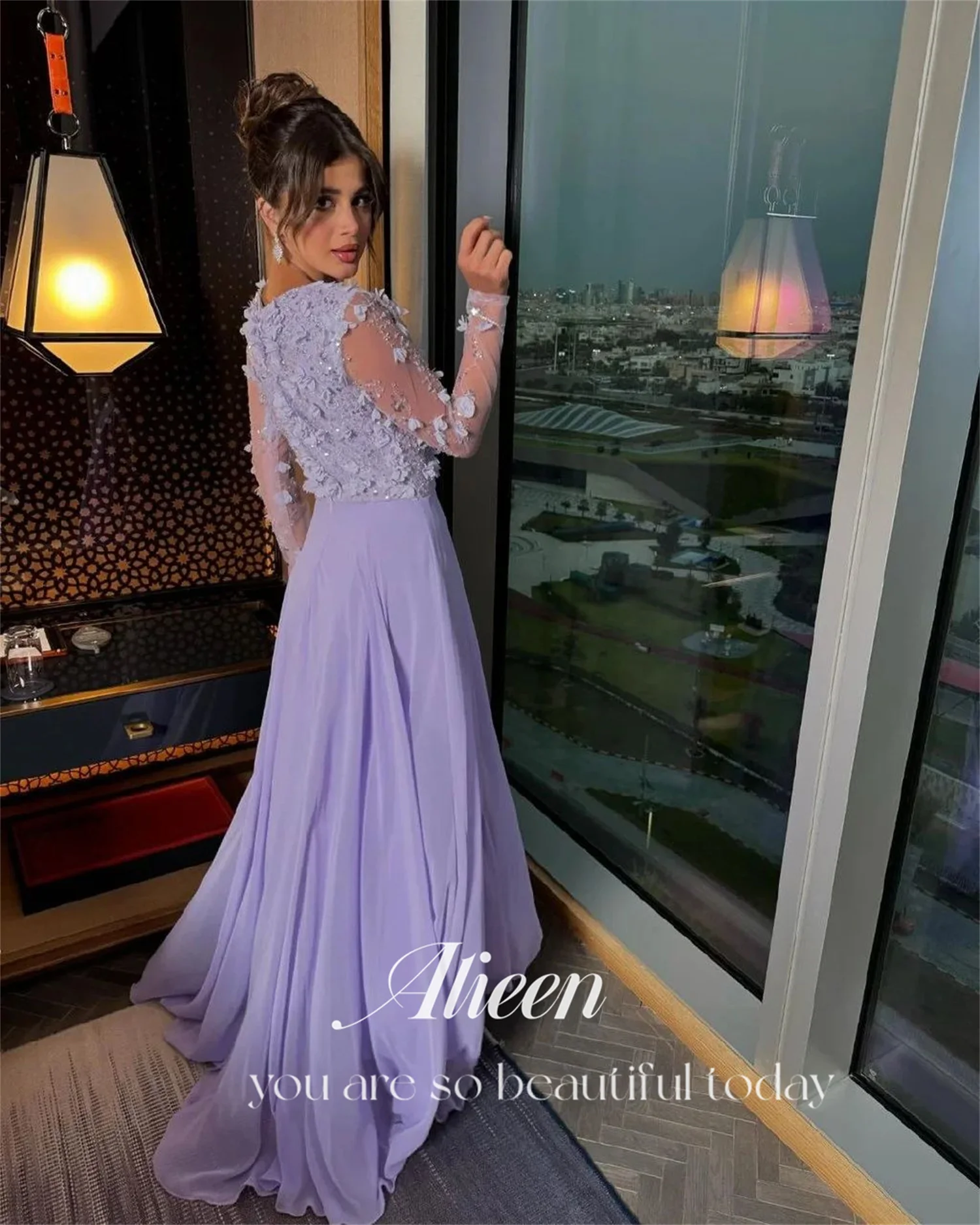 Aileen Sequins Long Sleeves Purple 3D Flowers Evening Dress With Stones and Crystals Elegant Womens Party Dresses Ball Gowns