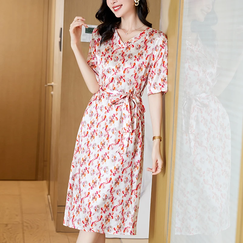 

Real Silk Women's Satin Dress 2024 Summer Elegant Fashion Dresses For Women V-neck Half Sleeve Woman Long Print Dress A-line