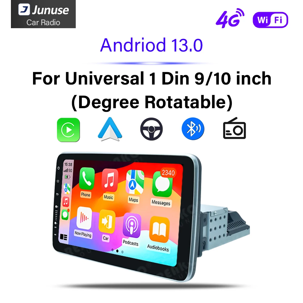 Junuse 9'' 10'' Touch Screen Universal 360°Rotation 1Din Android 13 Radio Car Multimedia Player Wireless Auto Carplay WiFi 4G BT