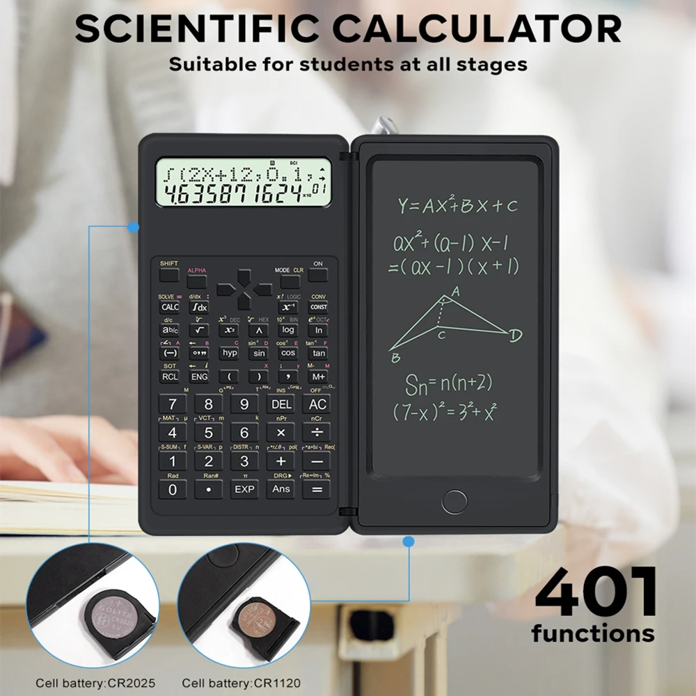2 in 1 Foldable Scientific Calculators 10 Digits LCD Display With 6 Inch Writing Tablet Support Stylus Pen Erase Button Lock