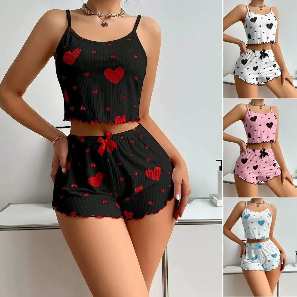 

Fashion Summer Thin Pajamas Homewear Set Polyester Leisure Suit Solid Color Sling Pajamas Ladies