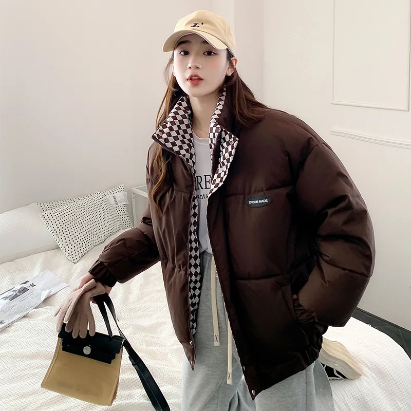 

Women's Autumn/Winter Top Coat Cotton Coat Stand-up Collar Solid Color Short Checkered Thickened Fleece Lining Comfortable Niche
