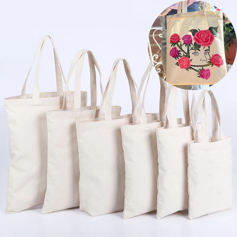 Canvas Large Capacity Shopping Bags Folding Eco-Friendly Cotton Tote Bags Reusable DIY Shoulder Bag Grocery Handbag Beige White