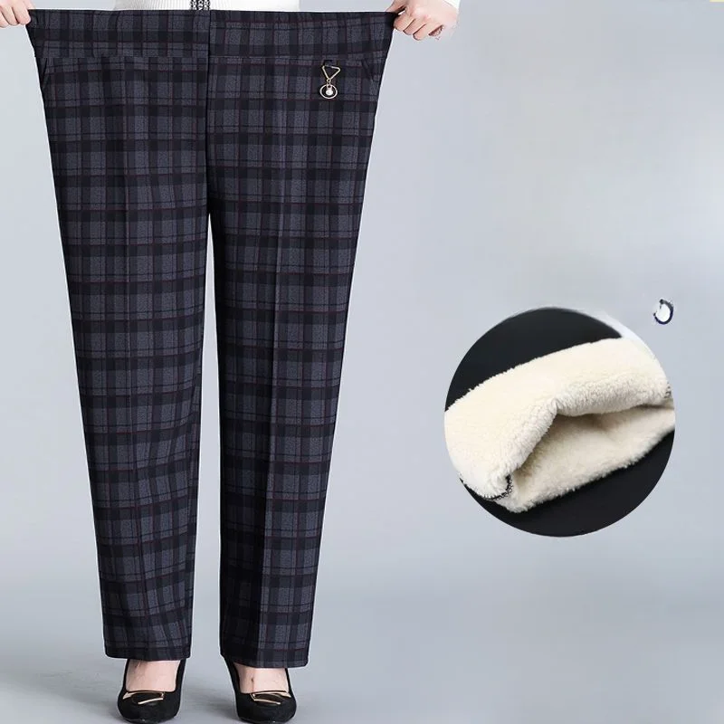 

2024 Winter Women Fashion Plus Velvet Straight Pants Female Middle-aged Warm Trousers Ladies High Waist Loose Casual Pant E234