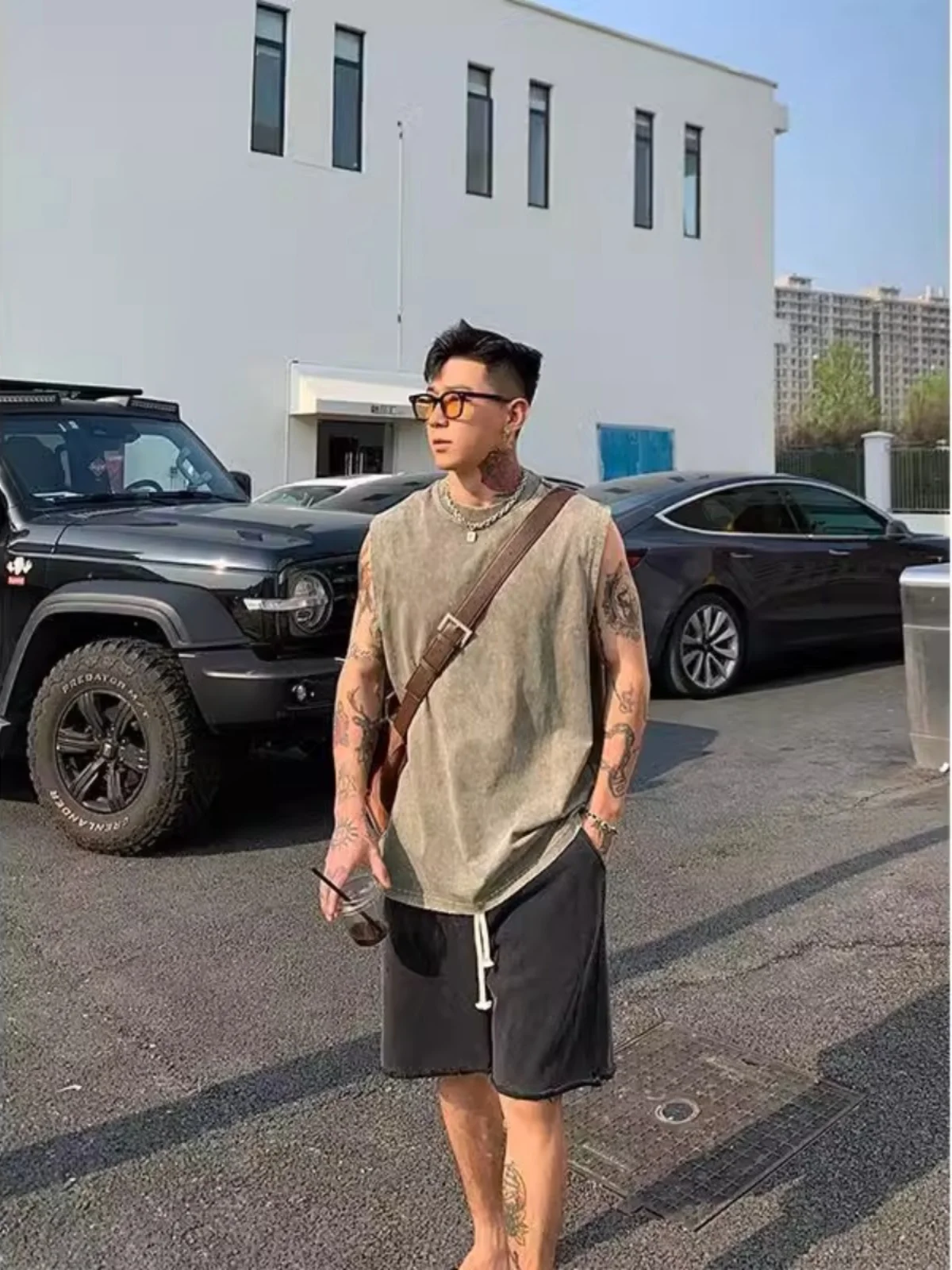Extra Large 300 Pounds  Color Sports Vest Men's Summer Washed Loose T-Shirt Hong Kong Style Versatile Shoulder Shirt