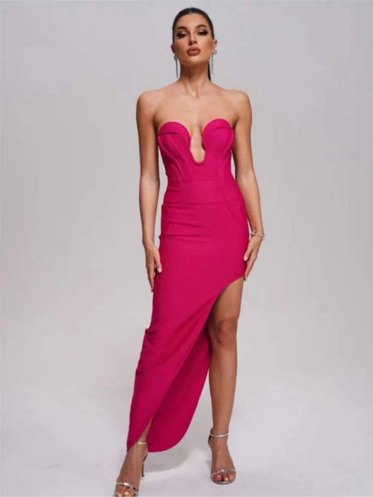 Sexy V-neck Side Slit Rose Red Strapless Dress With Bandage Elegant And Elegant Temperament