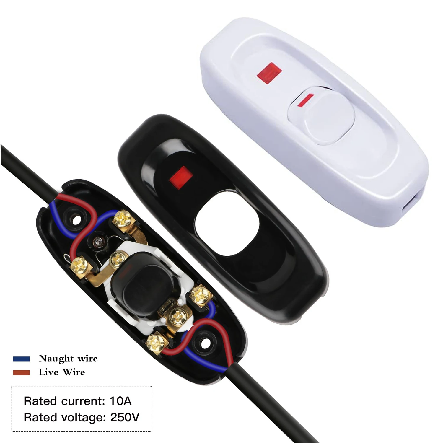 Inline Cord Switch Black White AC 250V 10A Heavy Duty Thru Switch OnOff Lamp Bulb Wall Line Button Control Switch