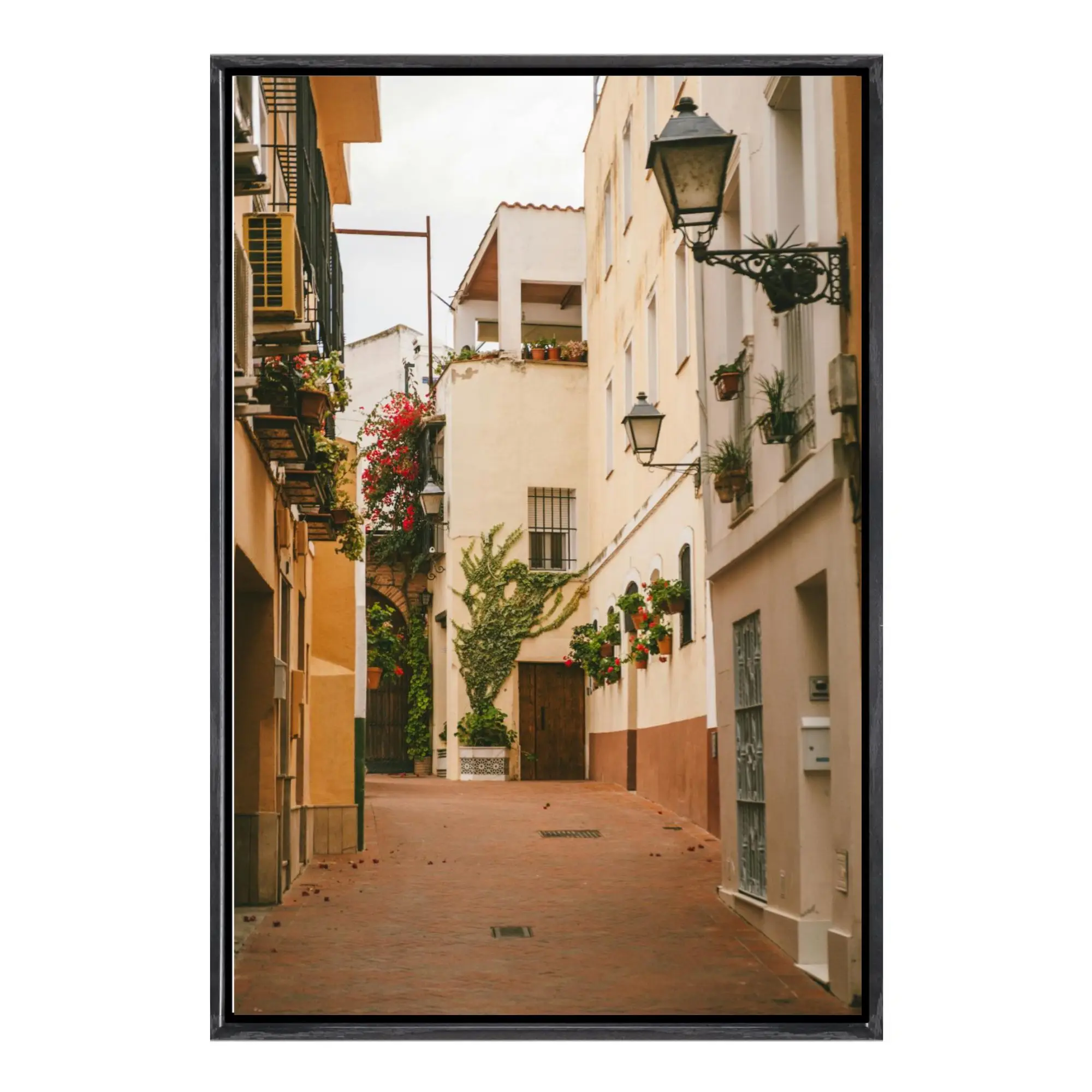 Arte de la pared de la lona de la calle de las flores de España, hermosa impresión escénica del beco floral andaluz, póster de macetas azules de paredes blancas, decoración de la pared del hogar